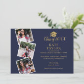 Foto Navy Blue en Gold Graduparty Kaart (Staand voorkant)