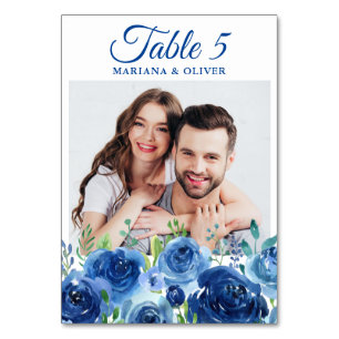 Foto Navy Blue Floral Wedding Table Number Kaart