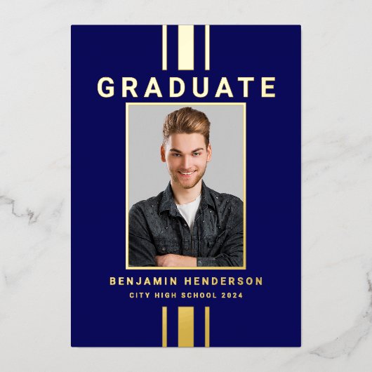 Foto Navy Blue Gold Afstuderen Aankondiging (Voorkant)