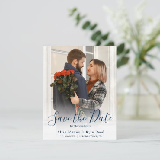 Foto Navy Blue Save the Date Aankondiging (Staand voorkant)