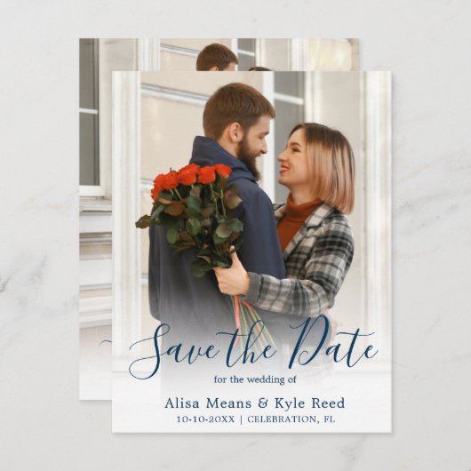 Foto Navy Blue Save the Date Aankondiging (Voorkant / Achterkant)
