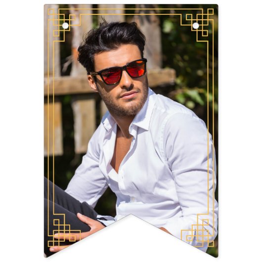 Foto Navy en Gold Art Deco Lijst Happy Birthday Vlaggetjes (Eerste vlag)