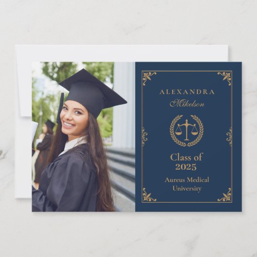 Foto Navy Gold Elegant Law School Afstuderen Aankondiging (Voorkant)