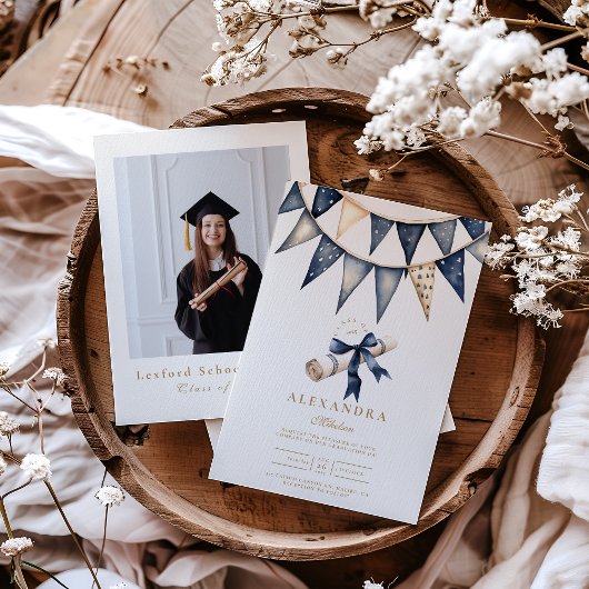 Foto Navy Gold Floral Afstuderen Kaart