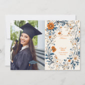 Foto  Navy Sinaasappel Floral Afstuderen Aankondiging (Voorkant)