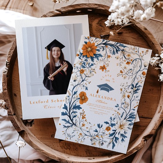 Foto Navy Sinaasappel Floral Afstuderen Kaart