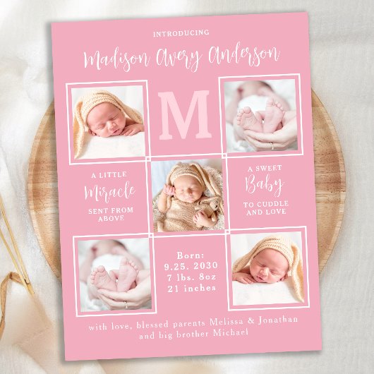 Foto New Baby Pink Birth Aankondiging Briefkaart