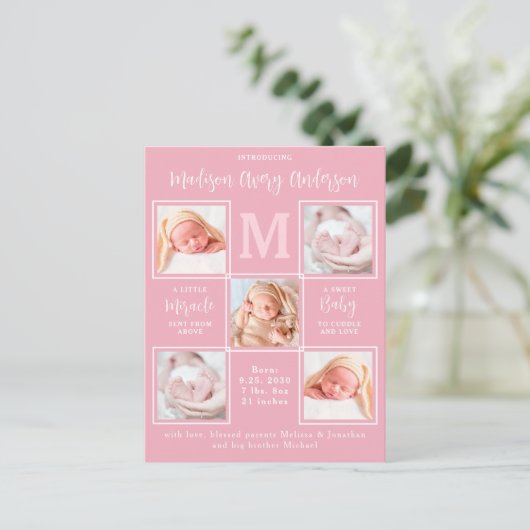 Foto New Baby Pink Birth Aankondiging Briefkaart (Staand voorkant)