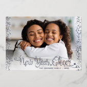 Foto: New Year Cheer Script Confetti Real Silver Folie Feestdagenkaart (Voorkant)