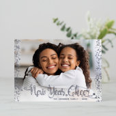 Foto: New Year Cheer Script Confetti Real Silver Folie Feestdagenkaart (Staand Voorkant)