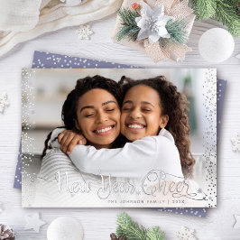 Foto: New Year Cheer Script Confetti Real Silver Folie Feestdagenkaart