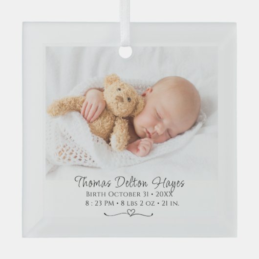 Foto Newborn statistieken gepersonaliseerd Glas Ornament (Voorkant)