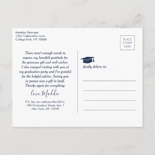 Foto nieuw adres Afstuderen Navy White Hartelijk d Briefkaart (Achterkant)