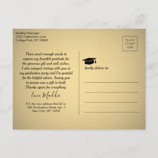 Foto nieuw adres zwart Gold Afstuderen Dank u Briefkaart (Achterkant)