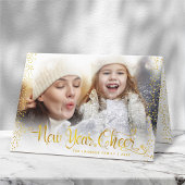 Foto: Nieuwjaar Cheer Modern Script Gold Snowflake Feestdagen Kaart