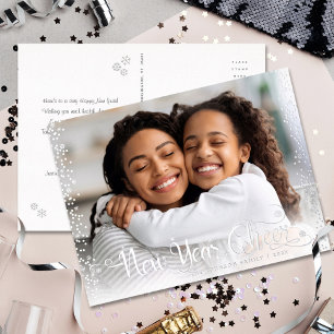 Foto: Nieuwjaar Cheer Script Modern Real Silver Folie Feestdagen Briefkaart