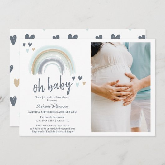 Foto Oh Baby shower Blue Boho Rainbow Kaart (Voorkant / Achterkant)