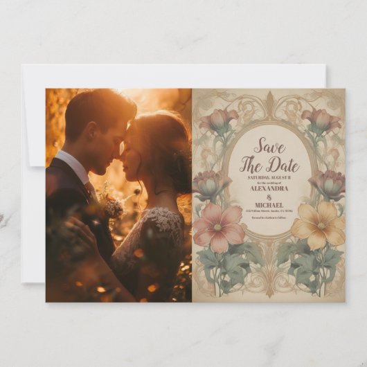 Foto Olijf & Sinaasappel Bruiloft  Art Nouveau Save The Date (Voorkant)