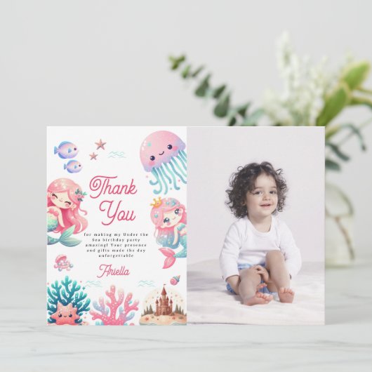 Foto Onder het Zee Mermaids Kids Verjaardagsfeest Bedankkaart (Staand voorkant)