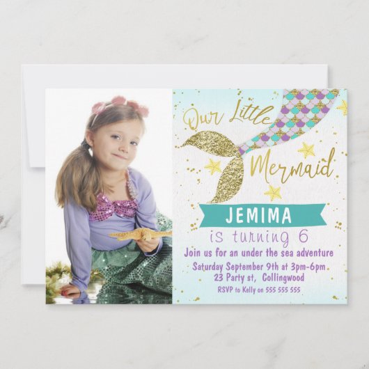 Foto onder Zee Mermaid Tail Birthday Uitnodiging (Voorkant)