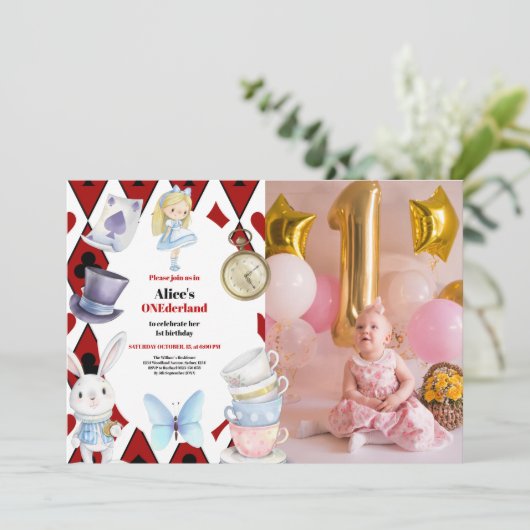 Foto Onederland Alice in Wonderland 1e Verjaardag Kaart (Staand voorkant)
