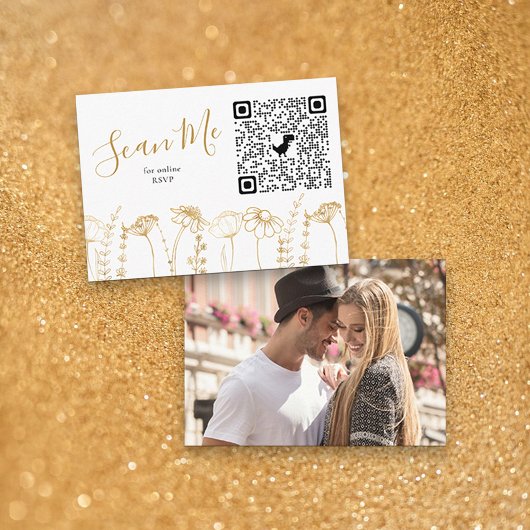 Foto Online RSVP QR Code Gold Wildflower Schets Informatiekaartje