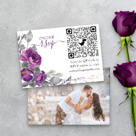 Foto Online RSVP QR Code Paars Weddenschap Floral Informatiekaartje