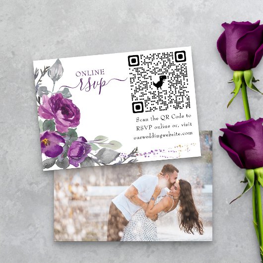 Foto Online RSVP QR Code Paars Weddenschap Floral Informatiekaartje