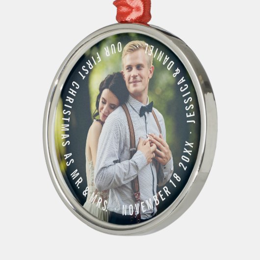 Foto "Onze eerste kerst" Passen getrouwd Metalen Ornament (Links)