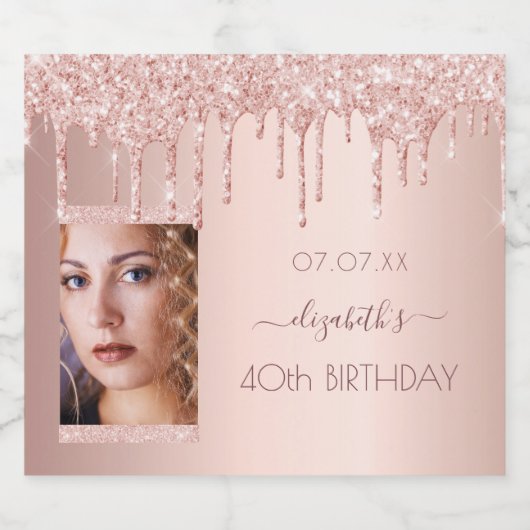 Foto op 40e verjaardag roos goud glitter roze sparkling wijnetiket (Enkel label)