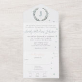 Foto op achterzijde Saliegroen monogram en krans All In One Uitnodiging (Binnen)