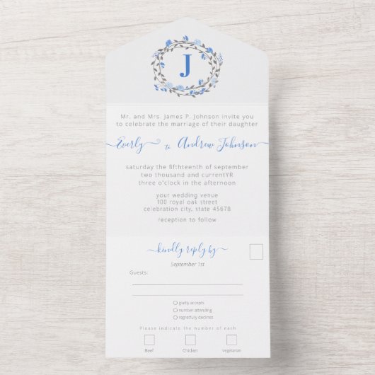 Foto op Back Blue Peony Wreath Simple Modern All In One Uitnodiging (Binnen)