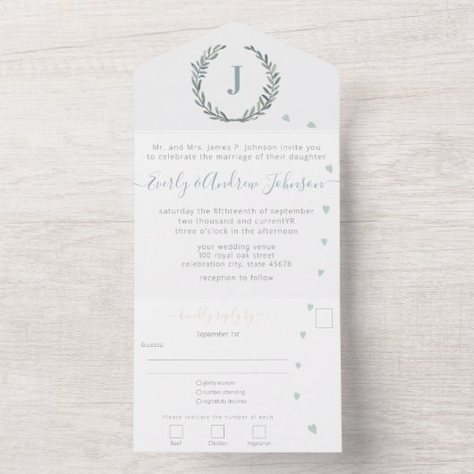 Foto op Back Sage Green Monogram en Wreate All In One Uitnodiging (Binnen)