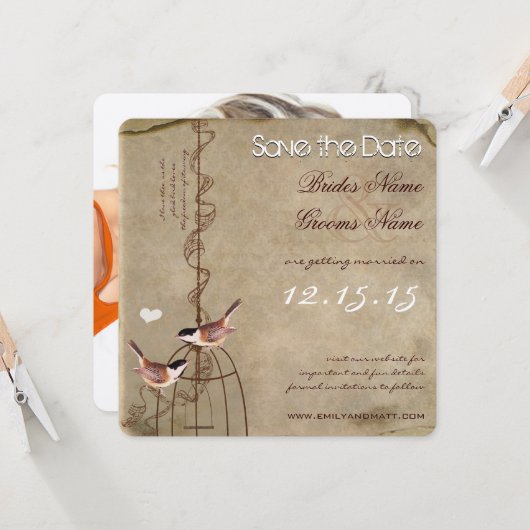 Foto op de achterkant Vogelkooi Save the Date Kaart (Voorkant / Achterkant in situ)