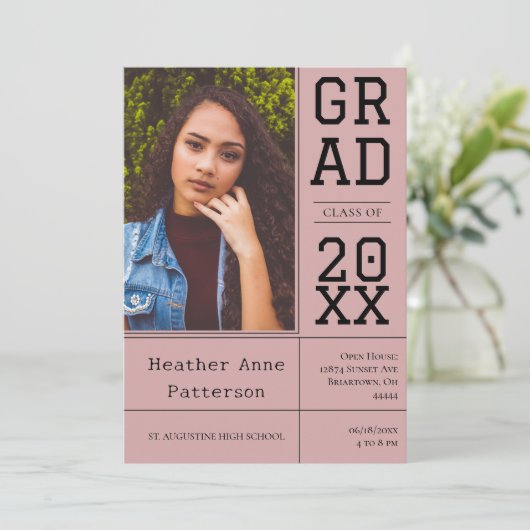 Foto Open Huis Afstuderen | Roze Uitnodiging (Staand voorkant)