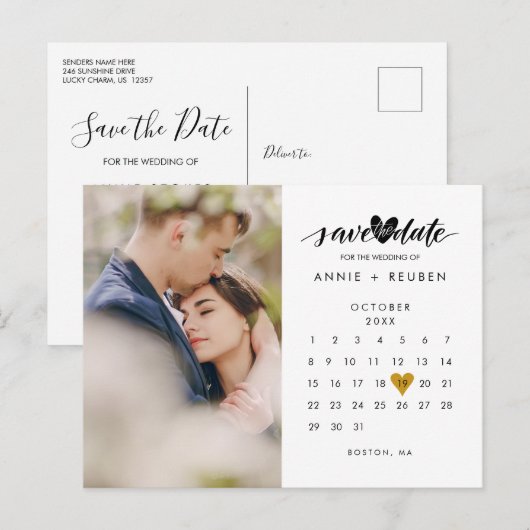 Foto Opslaan Datum Agenda Elegant Gold Heart Aankondigingskaart (Voorkant / Achterkant)