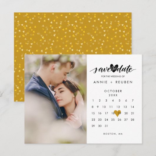Foto Opslaan Datum Agenda Elegant Gold Heart Aankondigingskaart (Voorkant / Achterkant)