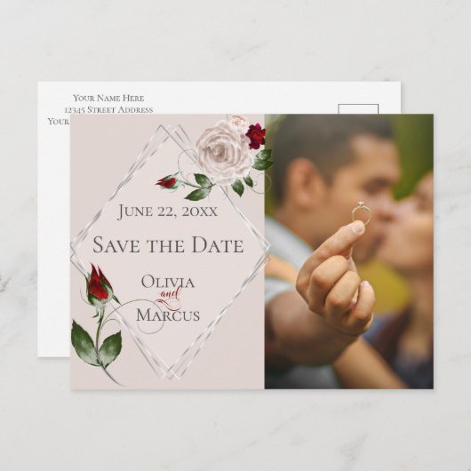 Foto Opslaan Datum Blush en Wine Rozen Briefkaart (Voorkant / Achterkant)