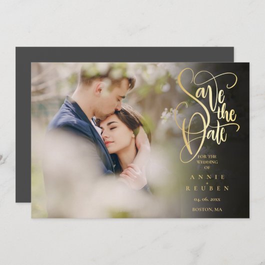 Foto Opslaan Datum Elegant Gold Script Modern Kaart (Voorkant / Achterkant)