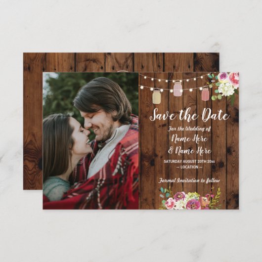 Foto opslaan Datum invullen Rustic Jar Wood Floral Save The Date (Voorkant / Achterkant)