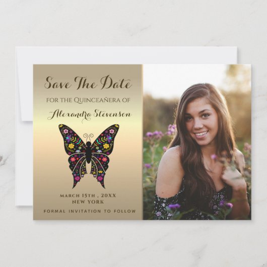 Foto Opslaan De Datum Gouden Quinceanera Vlinder Save The Date (Voorkant)
