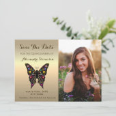 Foto Opslaan De Datum Gouden Quinceanera Vlinder Save The Date (Staand voorkant)