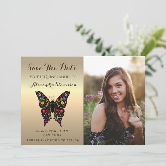 Foto Opslaan De Datum Gouden Quinceanera Vlinder Save The Date (Staand voorkant)