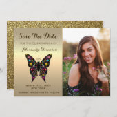 Foto Opslaan De Datum Gouden Quinceanera Vlinder Save The Date (Voorkant / Achterkant)