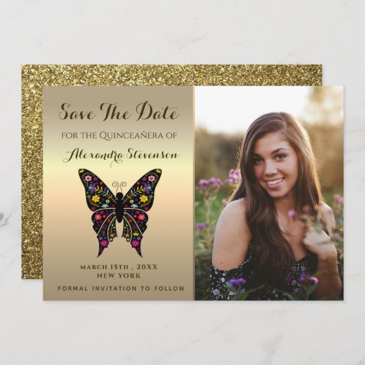 Foto Opslaan De Datum Gouden Quinceanera Vlinder Save The Date (Voorkant / Achterkant)