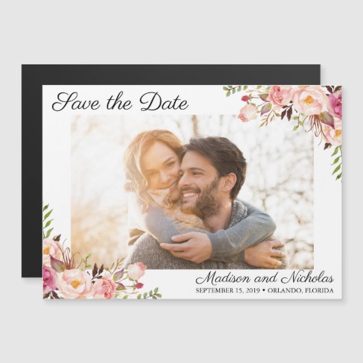 Foto Opslaan De Datum Magneten Rustiek Roze Bloem (Voorkant / Achterkant)