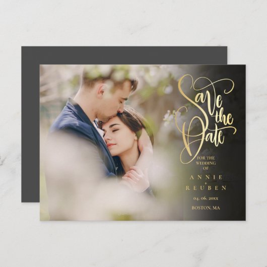 Foto Opslaan De Datum Modern Elegant Goud Script Briefkaart (Voorkant / Achterkant)