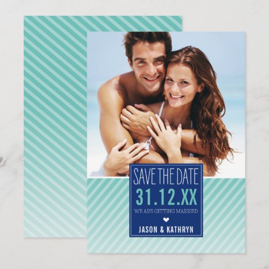 FOTO OPSLAAN DE DATUM ombre hoekige streep marine  Save The Date (Voorkant / Achterkant)