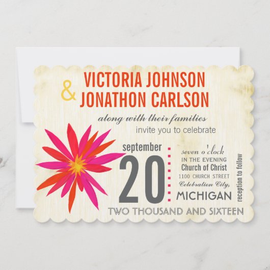 Foto Oranje roze moderne Daisy Wedding Invite Kaart (Voorkant)