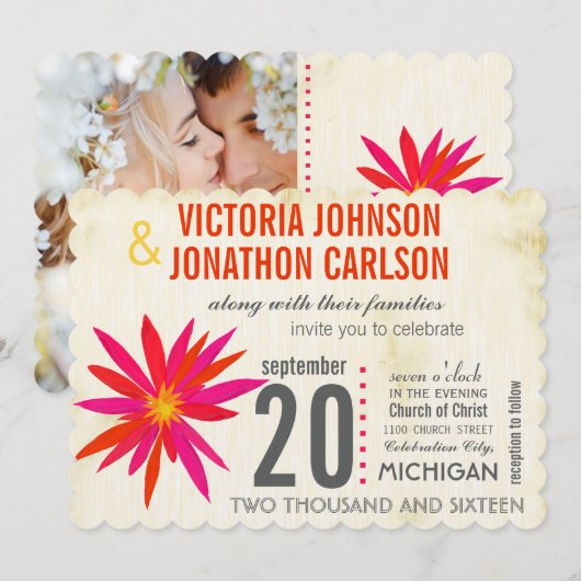 Foto Oranje roze moderne Daisy Wedding Invite Kaart (Voorkant / Achterkant)